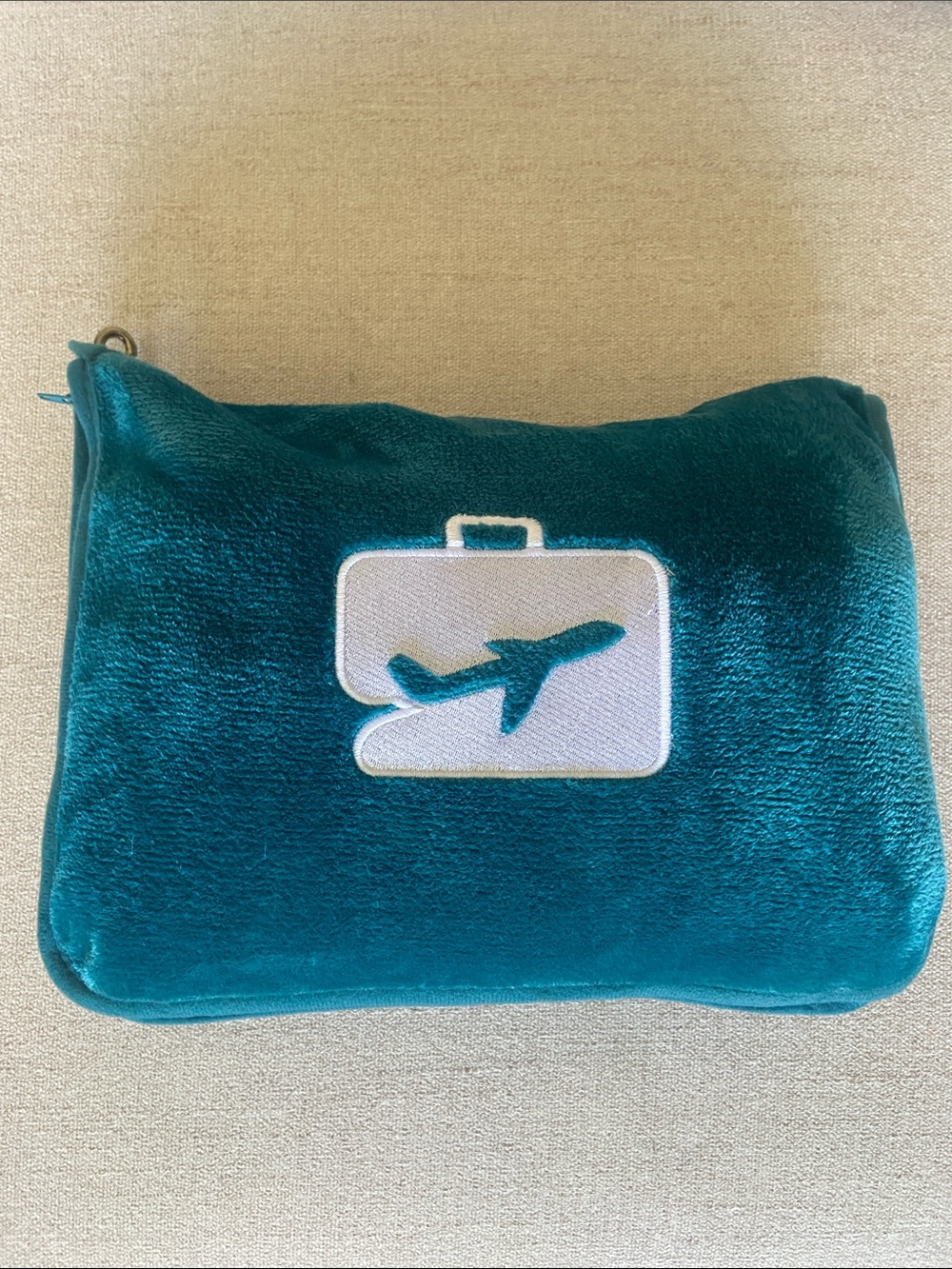 Teal Plush Travel Pouch with Teal Plush Blanket, with clip and trolley strap.